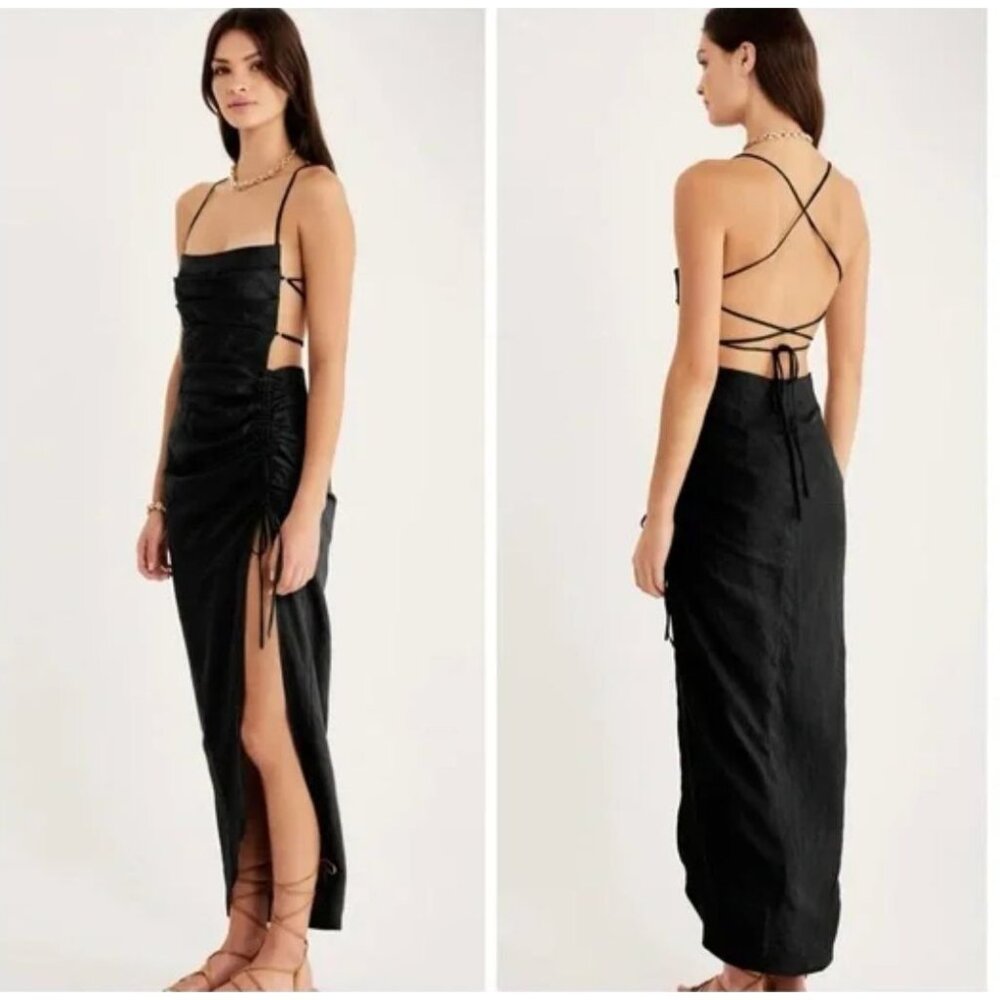 Rumer LouLou Black Strappy Back Ruched Maxi Dress w/ Side Slit NWT - M